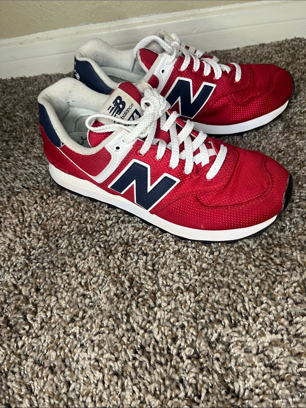 New Balance 574 Women’s Red and Navy Athletic Sneakers - Picture 2 of 7
